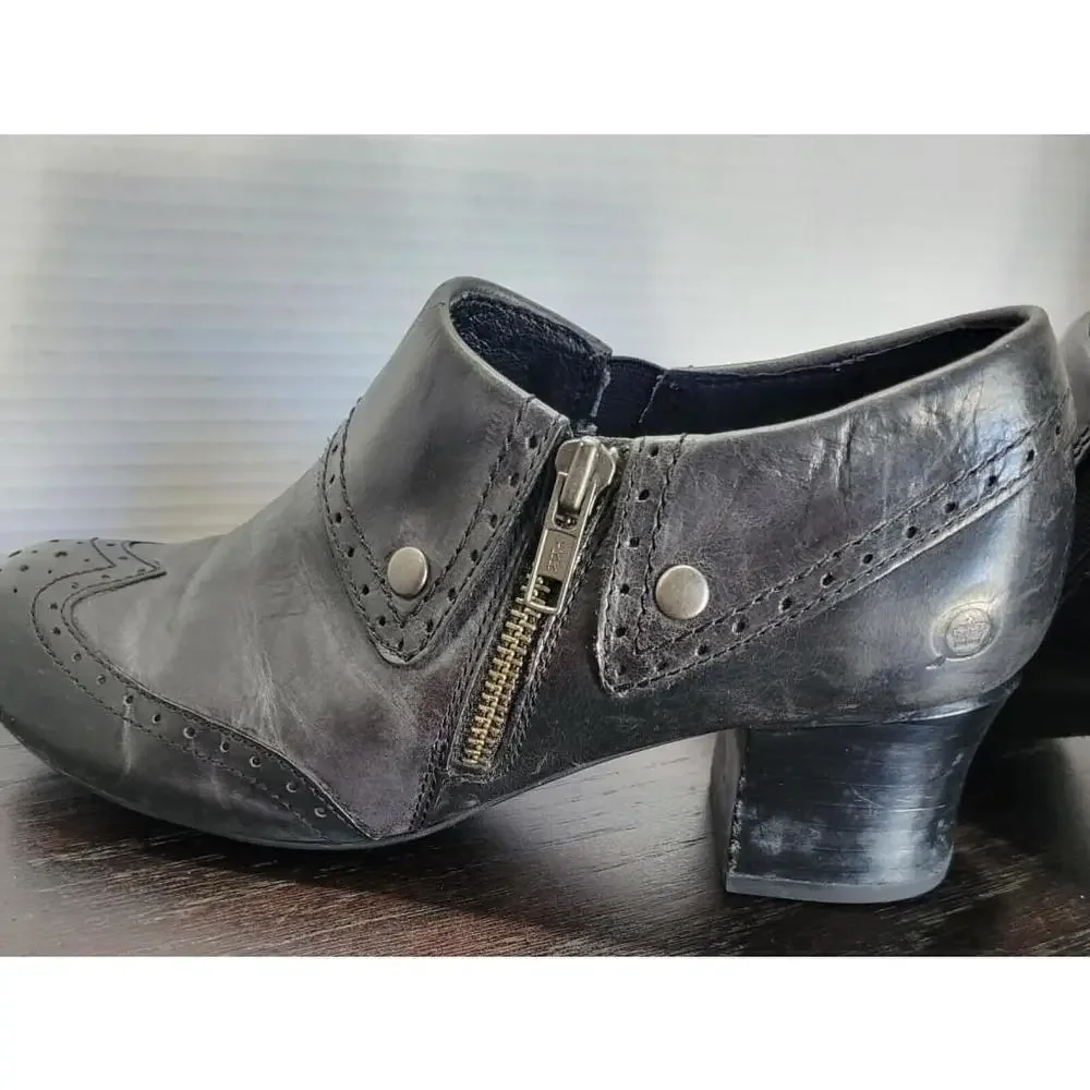 Born Ankle Boots Womens 7.5 Black Sia Wingtip Zip Almond Toe Block Leather